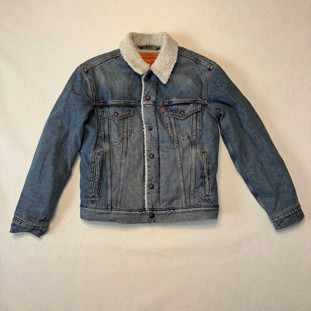 Levi Strauss Sherpa Lined Denim Trucker Bomber Button Jacket Men Blue Classic
